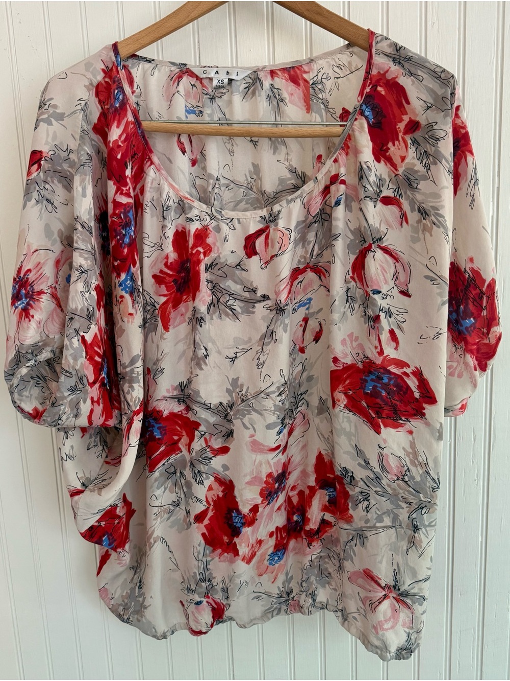CAbi Red Floral 100% Silk Top size XS